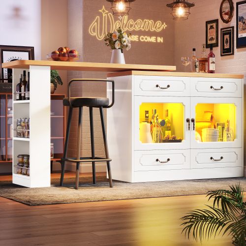 Table Haute De Bar Extensible 135-203×39×92,8 Cm, Rotation 360°, LED, Rangements