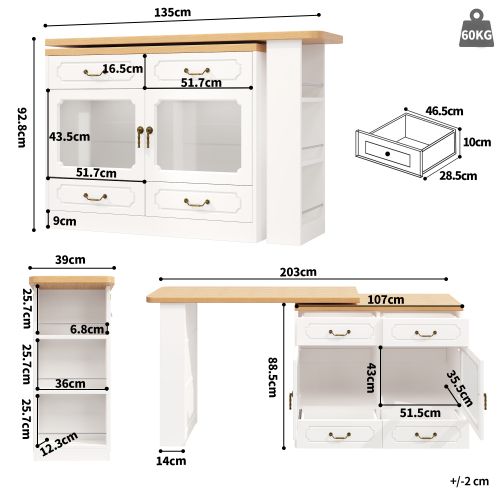 Table Haute De Bar Extensible 135-203×39×92,8 Cm, Rotation 360°, LED, Rangements