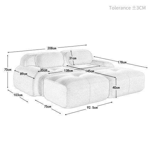 Canapé D'angle Modulaire En Velours Côtelé Beige, Assise 32d Haute Résilience