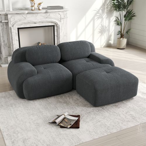 Canapé D'angle Modulaire En Velours Côtelé Gris, Sans Montage, Accoudoirs Courbés