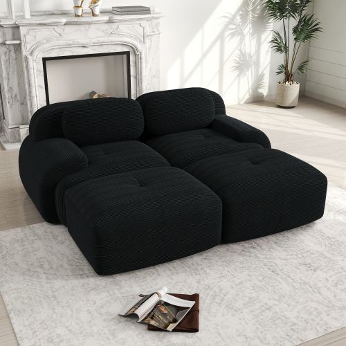 Canapé D'angle Modulable En Velours Côtelé Noir Sans Montage, Accoudoirs Ergonomiques