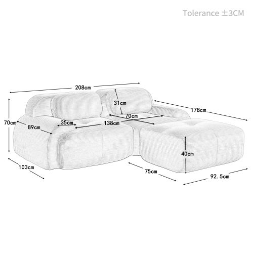 Canapé D'angle Modulaire Velours Côtelé Noir 3 Éléments Sans Montage