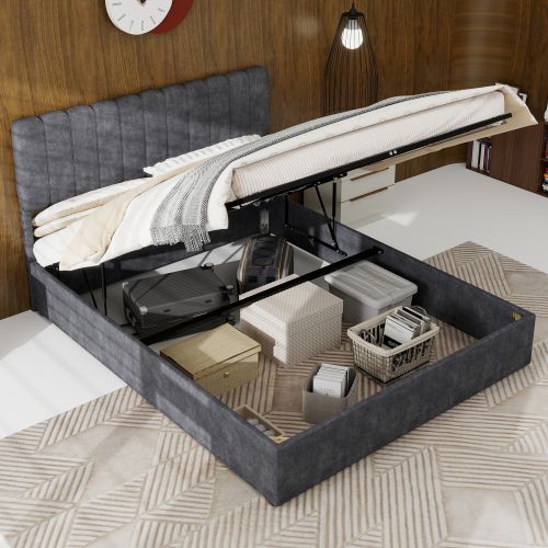 Lit Coffre 140x200 Cm, Cadre De Lit En Métal Avec Rangement, Gris