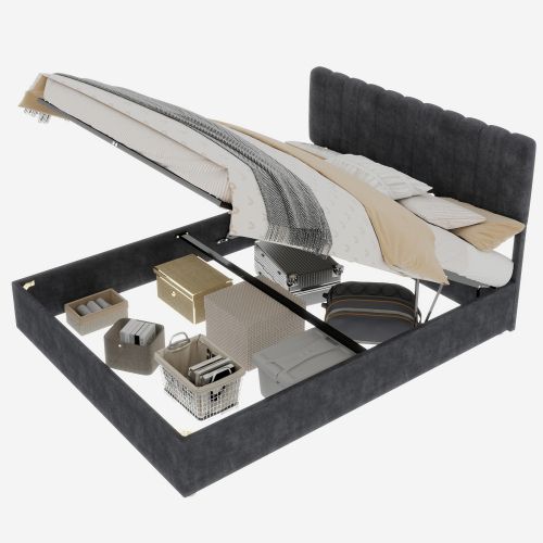 Lit Coffre 140x200 Cm, Cadre De Lit En Métal Avec Rangement, Gris