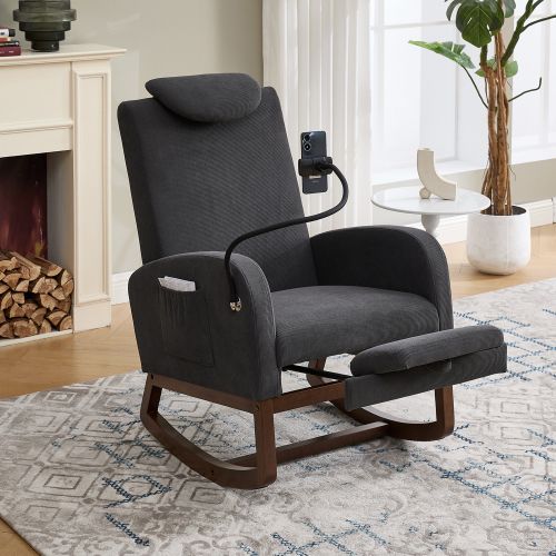 Fauteuil à Bascule Relax, Dossier Haut Avec Appuie-tête, Repose-pieds, Velours Côtelé, Gris Foncé