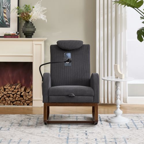 Fauteuil à Bascule Relax, Dossier Haut Avec Appuie-tête, Repose-pieds, Velours Côtelé, Gris Foncé