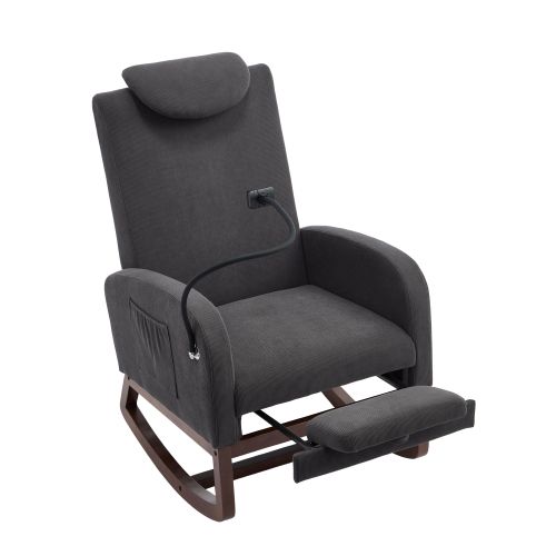 Fauteuil à Bascule Relax, Dossier Haut Avec Appuie-tête, Repose-pieds, Velours Côtelé, Gris Foncé