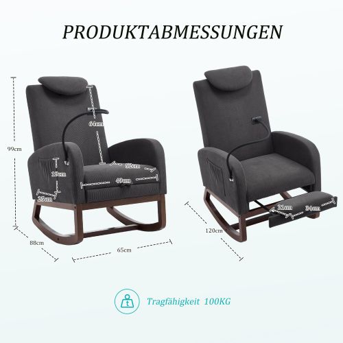 Fauteuil à Bascule Relax, Dossier Haut Avec Appuie-tête, Repose-pieds, Velours Côtelé, Gris Foncé