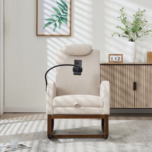 Fauteuil à Bascule Relax, Dossier Haut Avec Appui-tête, Repose-pieds, Poche Latérale, Beige