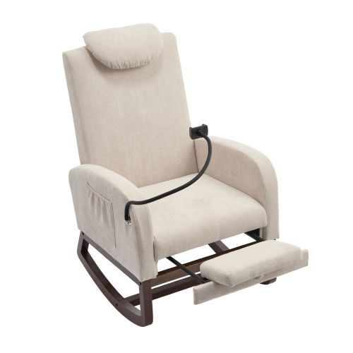 Fauteuil à Bascule Relax, Dossier Haut Avec Appui-tête, Repose-pieds, Poche Latérale, Beige