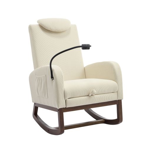 Fauteuil à Bascule, Dossier Haut Avec Appui-tête, Repose-pieds, Poche Latérale, Velours Côtelé Beige