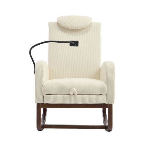 Fauteuil à Bascule, Dossier Haut Avec Appui-tête, Repose-pieds, Poche Latérale, Velours Côtelé Beige