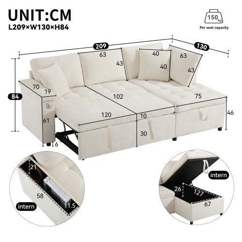 Canapé D'angle Convertible 3 Places Avec Rangement Et Port USB Beige