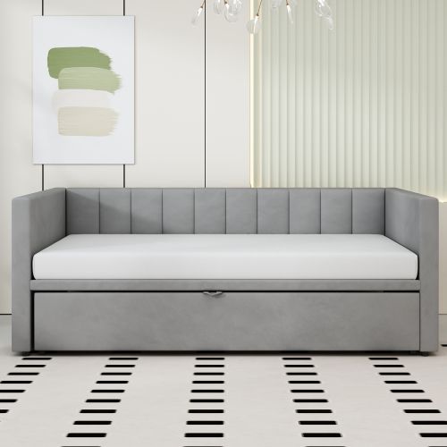 Lit Gigogne 90/180×200 Cm, Avec Tête De Lit Et Lattes, En Velours, Gris