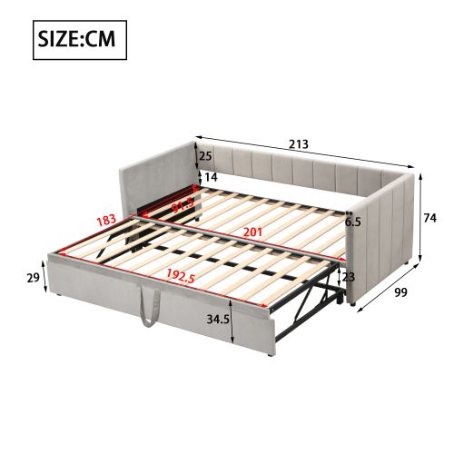 Lit Gigogne 90/180×200 Cm, Avec Tête De Lit Et Lattes, En Velours, Gris