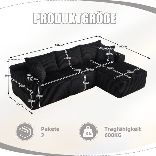 Canapé Modulable Avec Méridienne Et 2 Places En Velours Côtelé Noir, Coussins Et Poches Latérales