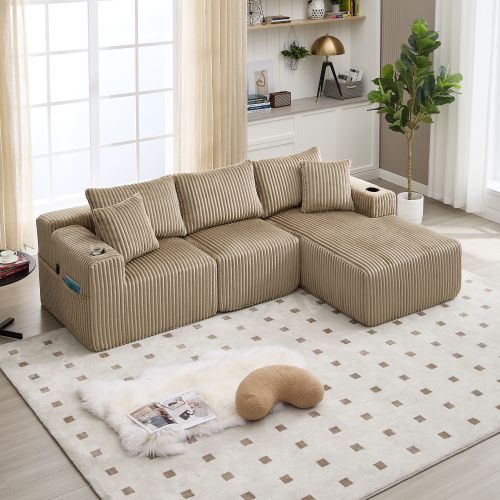 Canapé Modulable 2 Places Avec Méridienne En Velours Côtelé Kaki