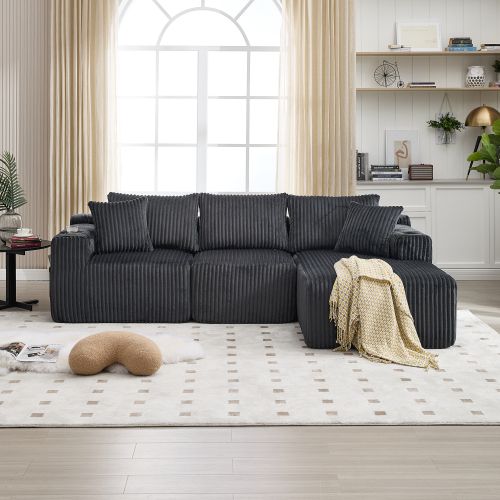 Canapé Modulable 2 Places Avec Chaise Longue, En Velours Côtelé Gris, Coussins