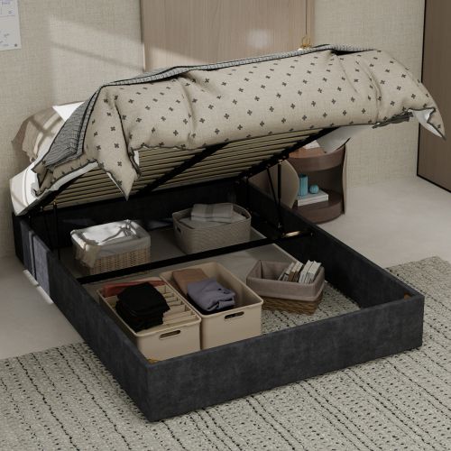 Lit Coffre Adulte 140x200 Cm, Sans Tête De Lit, En Tissu, Gris