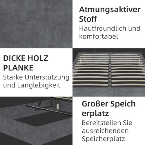 Lit Coffre Adulte 140x200 Cm, Sans Tête De Lit, En Tissu, Gris