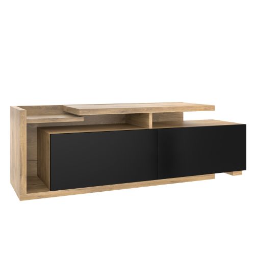 Meuble TV Bois Et Noire Extensible Avec 2 Tiroirs, Niche Ouverte, Avec LED