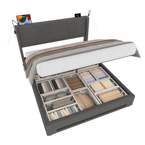 Lit Coffre 140x200 Cm, Lit Adulte, Tête De Lit Avec Lampes, Avec Lattes, En Velours, Gris