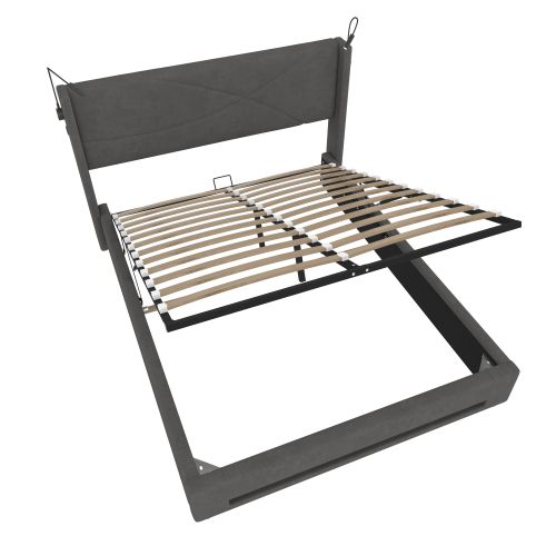 Lit Coffre 140x200 Cm, Lit Adulte, Tête De Lit Avec Lampes, Avec Lattes, En Velours, Gris