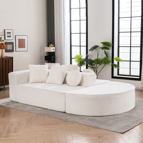 Canapé Convertible Modulaire 3 Places En Tissu Chenille Blanc, Mousse Intégrale, Sans Montage