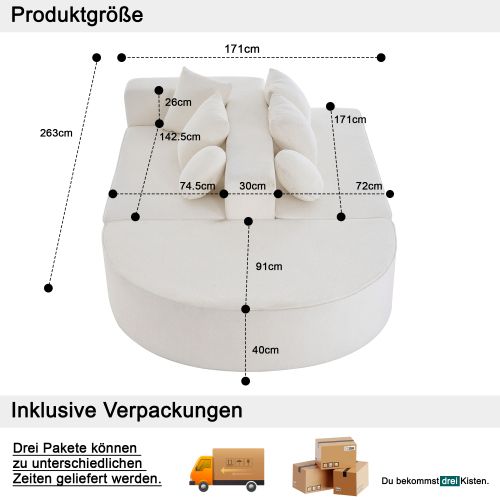 Canapé Convertible Modulaire 3 Places En Tissu Chenille Blanc, Mousse Intégrale, Sans Montage