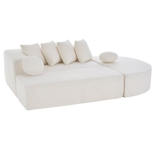 Canapé Convertible Modulaire 3 Places En Tissu Chenille Blanc, Mousse Intégrale, Sans Montage