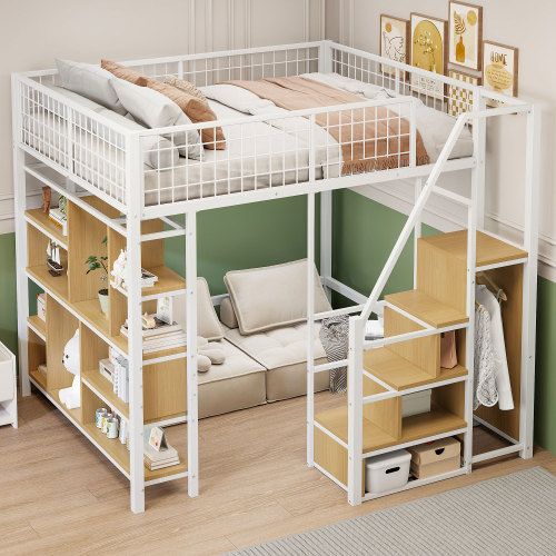 Lit Mezzanine 140x200 Cm, Avec Rangement Et Lattes, En Bois, Blanc