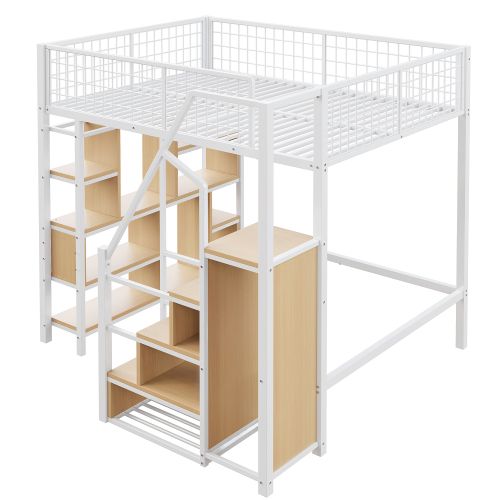 Lit Mezzanine 140x200 Cm, Avec Rangement Et Lattes, En Bois, Blanc