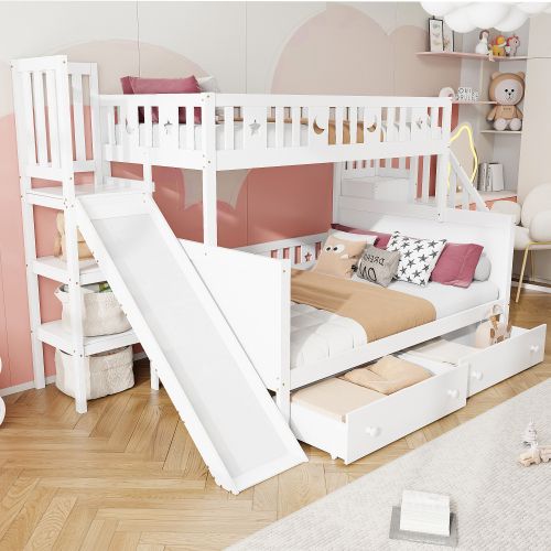 Lit Superposé 90x200/140x200 Cm Avec Toboggan Et Rangements, Sommier à Lattes, En Bois, Blanc