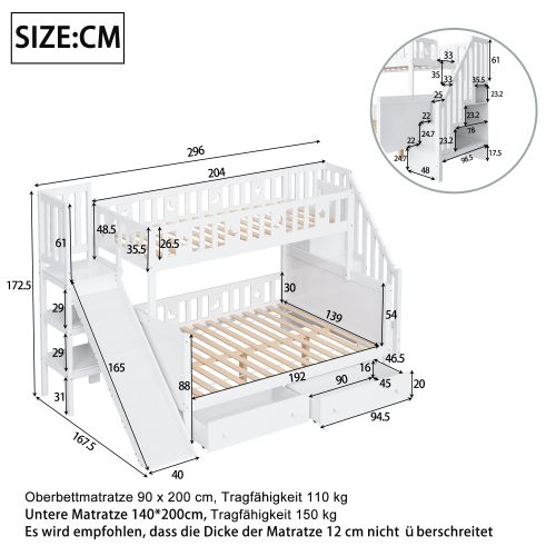 Lit Superposé 90x200/140x200 Cm Avec Toboggan Et Rangements, Sommier à Lattes, En Bois, Blanc