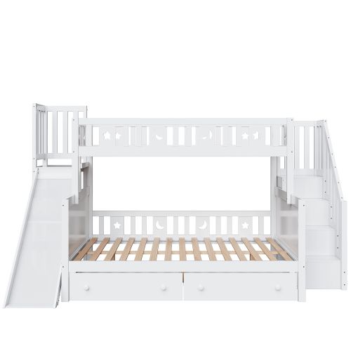 Lit Superposé 90x200/140x200 Cm Avec Toboggan Et Rangements, Sommier à Lattes, En Bois, Blanc