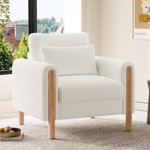Fauteuil Lounge Rembourré En Tissu Teddy, Structure Bois Massif, Blanc