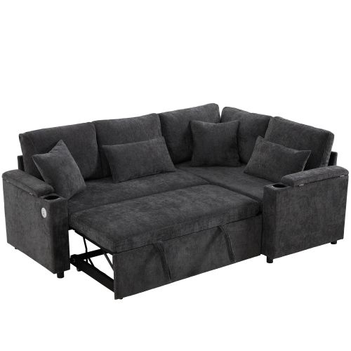 Canapé D'angle Convertible 4 Places En Chenille Avec Rangement, Porte-gobelet Et Prise USB