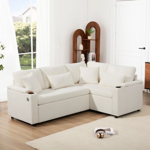 Canapé D’angle Convertible 4 Places Avec Rangement Et Prise USB, Beige