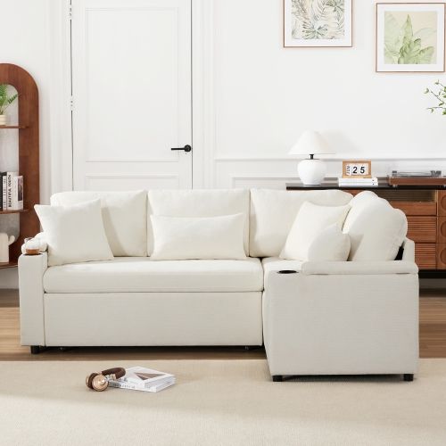 Canapé D’angle Convertible 4 Places Avec Rangement Et Prise USB, Beige