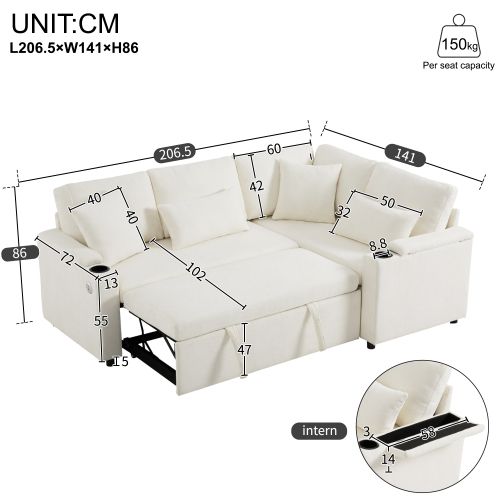 Canapé D’angle Convertible 4 Places Avec Rangement Et Prise USB, Beige