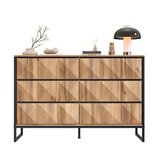 Commode à 6 Tiroirs 120x40x80 Cm, Pieds Métal, Noir Et Couleur Bois Naturel