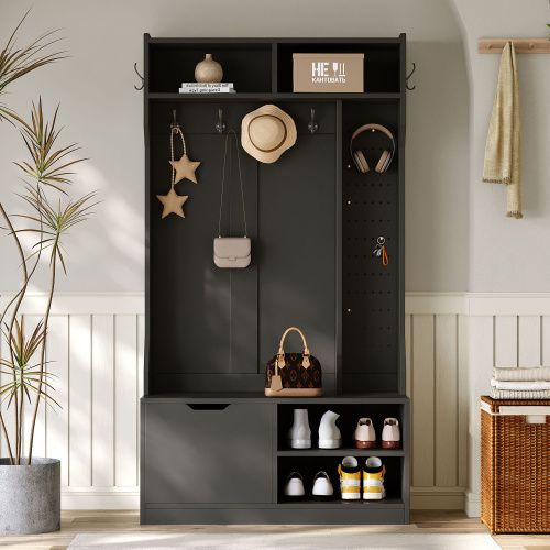 Vestiaire D’entrée Avec Assise Rembourrée, 6 Crochets, Tiroirs, Casier à Chaussures Rabattable, Noir