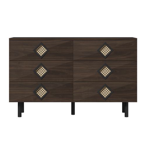 Commode à 6 Tiroirs 120 X 40 X 74 Cm, Pieds Métal, Marron