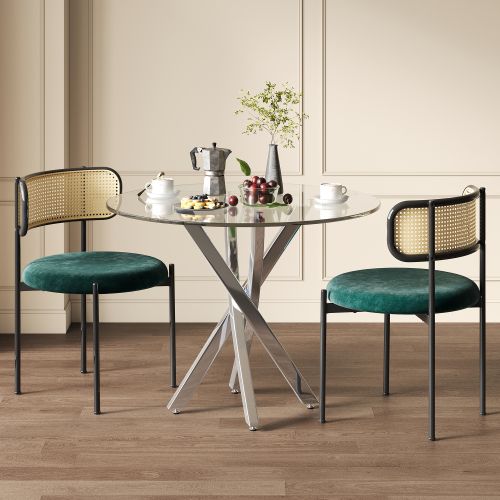 Ensemble Table Et Chaises, Table à Manger 80x80 Cm Avec Pieds Métal Et 2 Chaises En Velours Vert