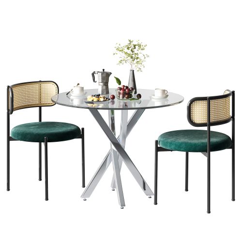 Ensemble Table Et Chaises, Table à Manger 80x80 Cm Avec Pieds Métal Et 2 Chaises En Velours Vert