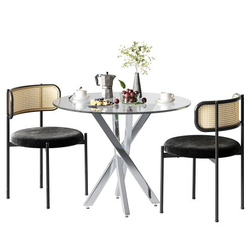 Ensemble Table Et Chaises, Table à Manger 80x80 Cm Avec Pieds Argenté Et 2 Chaises En Velours Noir