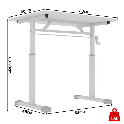 Bureau Droit Assis-debout Manuel Blanc, Réglable Par Manivelle, Double Colonne