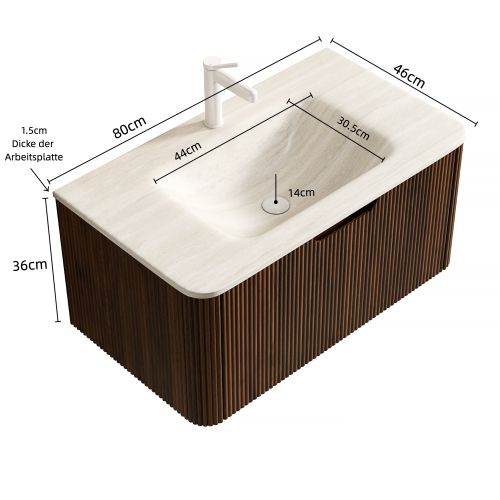 Meuble Vasque Mural 80 Cm, Plan Pierre Sintrée Travertin, Bac Sous-plan, Finition Noyer