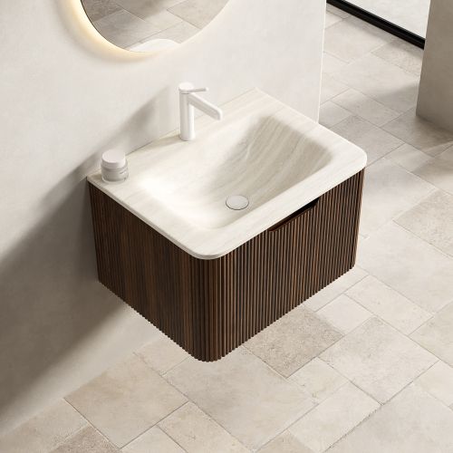 Meuble Vasque Mural 60 Cm, Sous-plan Pierre Sintrée Travertin, Placage Noyer, Tiroir LED, Beige