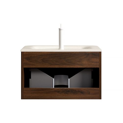 Meuble Vasque Mural 60 Cm, Sous-plan Pierre Sintrée Travertin, Placage Noyer, Tiroir LED, Beige